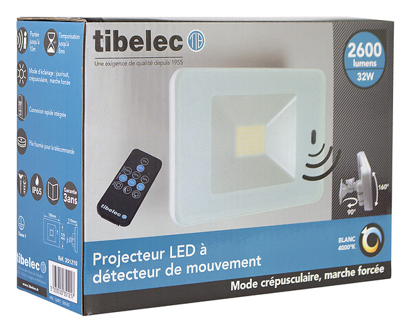 TIBELEC - Projecteur LED extérieur - 32W - 2800lm détecteur HF - large