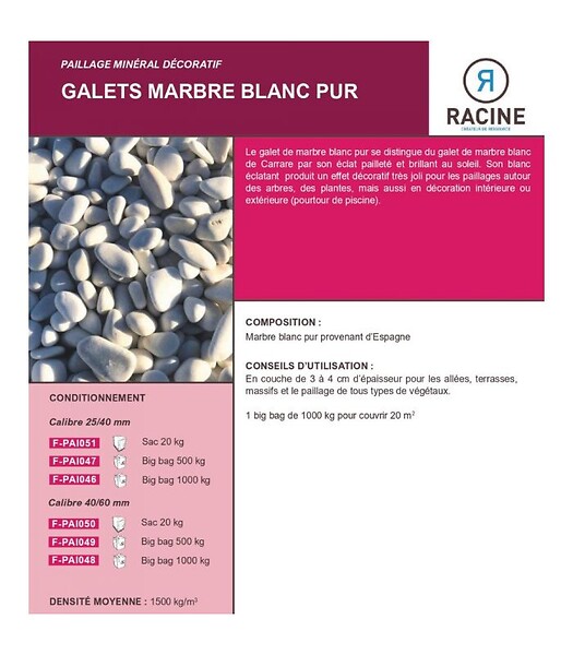 RACINE - Galet marbre blanc pur 40-60mm, 10 filets de 20 kg - F-PAI050-10x20 - large