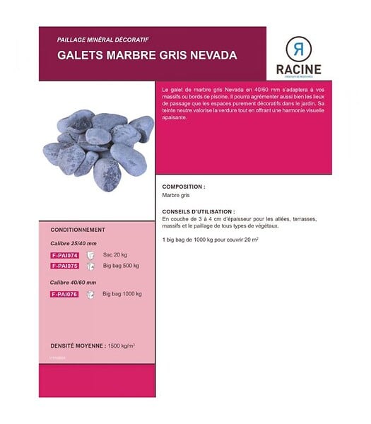 RACINE - Galet marbre gris Nevada 25-40mm, 10 filets de 20 kg - F-PAI074-10x20 - large