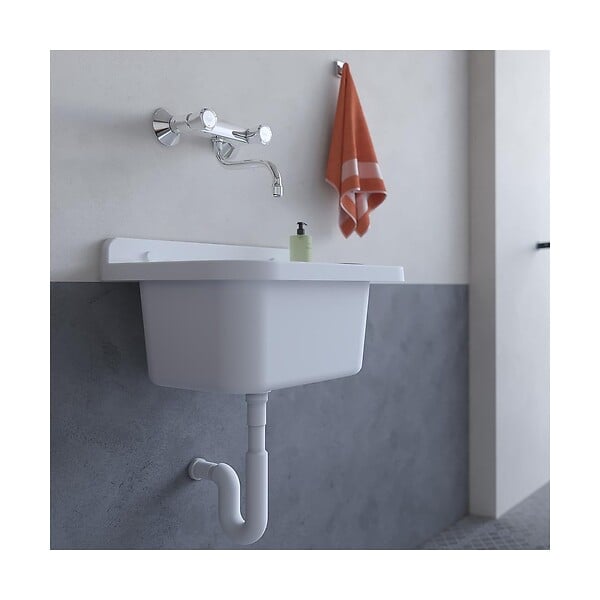 INTEC - Lavabo Mural en Résine Blanc 50 x 32 cm Vasque Suspendue Anti-chocs - Evier Lave-Mains Salle de Bain WC Garage Buanderie - large