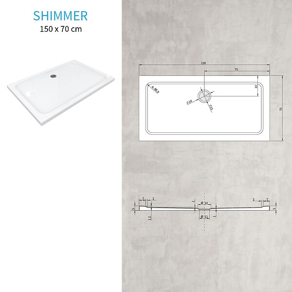 SANIVERRE - SHIMMER Receveur de douche 70 x 150 cm acrylique Blanc + bonde et siphon inclus - Salle de bain - large