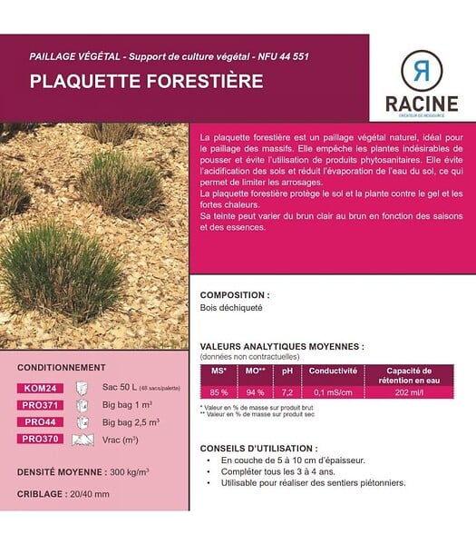 RACINE - Paillage biodégradable plaquettes forestières bois 48 sacs de 50l pour 48m2 - large