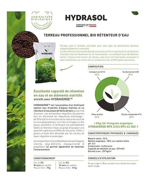 RACINE - Terreau professionnel bio rétenteur d'eau Hydrasol 10 sacs 40 litres RACINE PRO154-10x40 - large