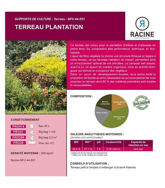 RACINE - Terreau plantation enrichi en tourbe 48 sacs 50 litres - large