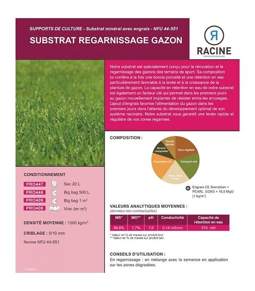 RACINE - Terreau substrat pour regarnissage gazon pour sol sportif 48 sacs 20l - PRO447-48x20 - large