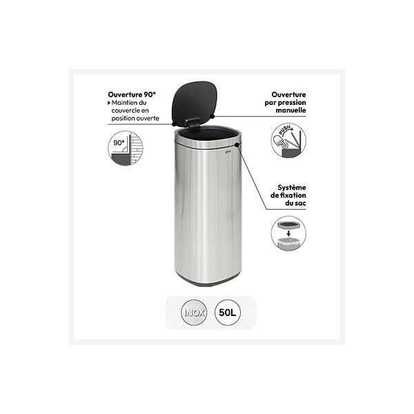 5 FIVE SIMPLY SMART - Poubelle haute en Acier Inox 50 Litres ouverture par pression - large