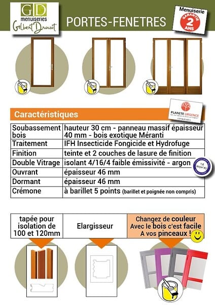 GD MENUISERIES - Porte Fenetre Bois 2 Vantaux H215 x L120 cm Côte Tableau - large