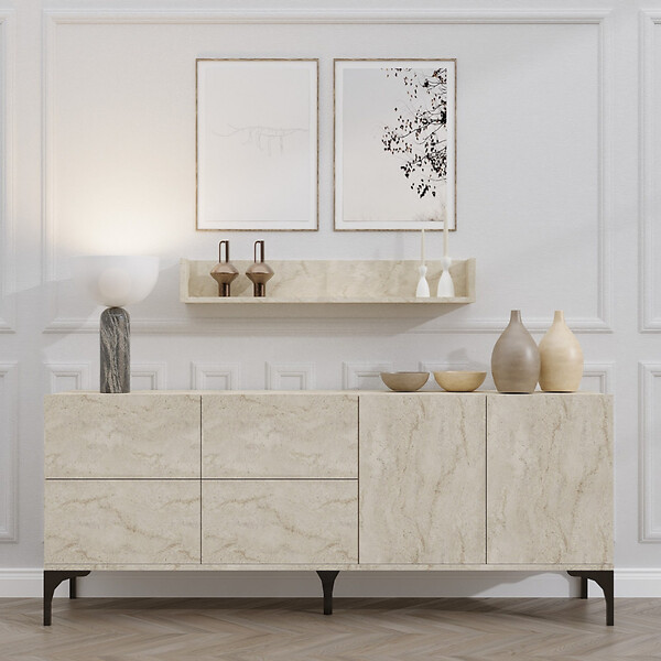 CONCEPT USINE - Buffet effet travertin 180 cm 6 portes et étagère AURA - large