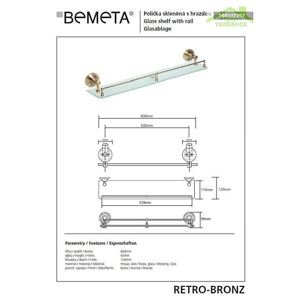 BEMETA - Etagère, tablette  RETRO en verre et en bronze 60x9x12 cm - large