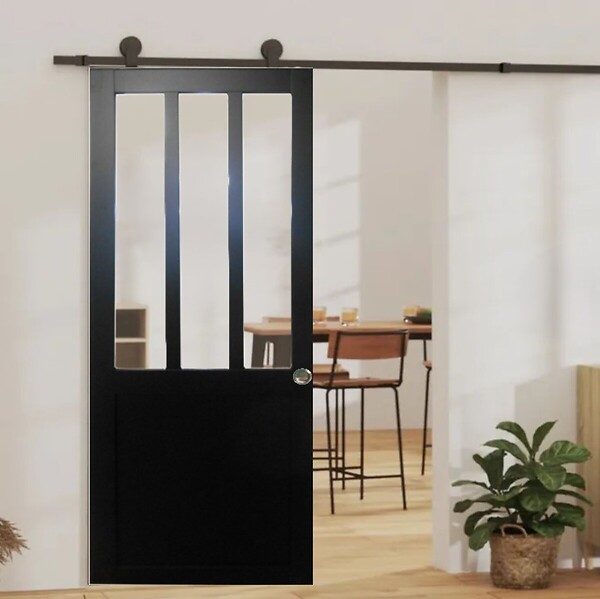 GD MENUISERIES - Porte Coulissante Atelier Noir H204 x L73 cm, Rail roulettes, Coquilles - large