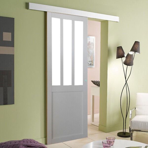 GD MENUISERIES - Porte Coulissante Atelier Blanc vitre depoli H204 x L73 cm, Rail alu Bandeau Blanc, Coquilles - large