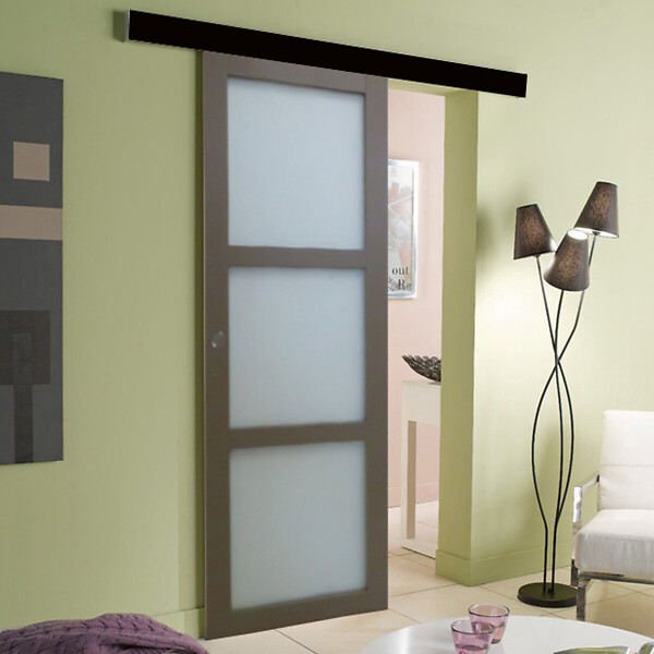 GD MENUISERIES - Porte Coulissante Gris Taupe RAL 7006 Vitee H204 x L73 cm, Rail Alu Bandeau noir, Coquilles - large