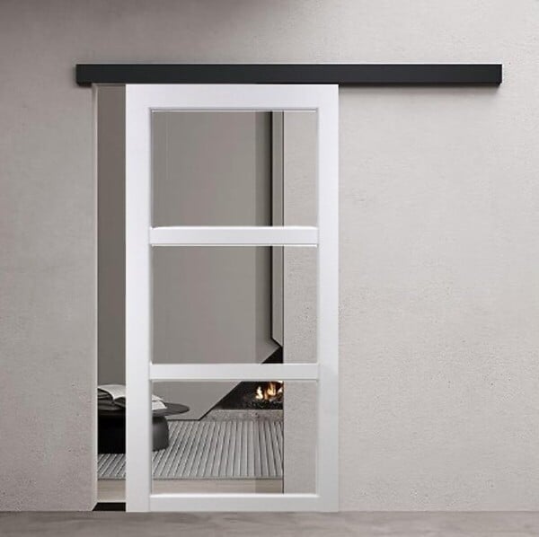 GD MENUISERIES - Porte Coulissante Kenya Blanc Vitrage transparent H204 x L83 cm, Rail Alu bandeau noir, Coquilles - large