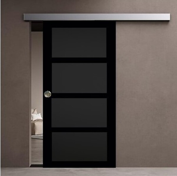 GD MENUISERIES - Porte Coulissante Telia noir 4 panneaux H204 x L73 cm, Rail Alu bandeau blanc, Coquilles - large