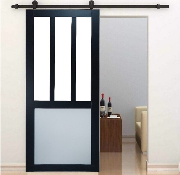 GD MENUISERIES - Porte Coulissante Atelier noir, blanc Vitrée H204 x L73 cm, Rail Roulettes, Coquilles - large