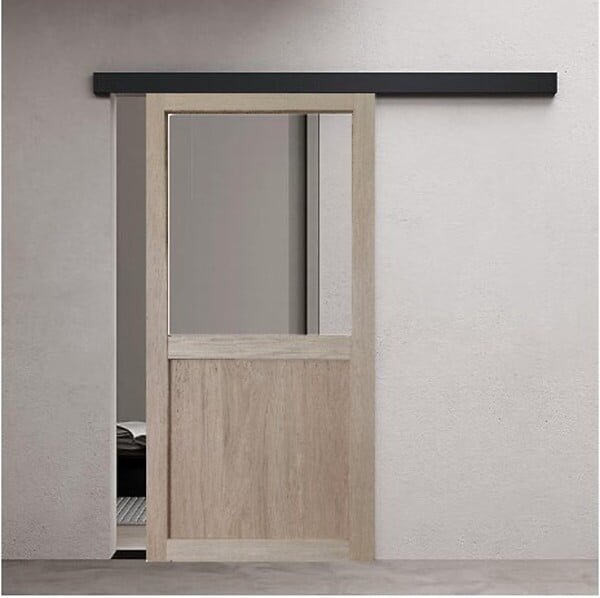 GD MENUISERIES - Porte Coulissante Atelier placage chene Vitrée H204 x L83 cm, Rail Alu bandeau noir, Coquilles - large
