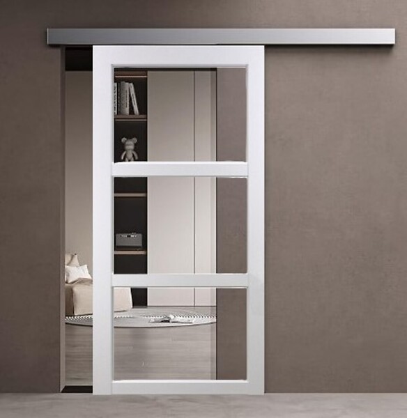 GD MENUISERIES - Porte Coulissante Kenya Blanc Vitrage transparent H204 x L83 cm, Rail Alu bandeau blanc, Coquilles - large