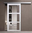 GD MENUISERIES - Porte Coulissante Kenya Blanc Vitrage transparent H204 x L83 cm, Rail Alu bandeau blanc, Coquilles - vignette