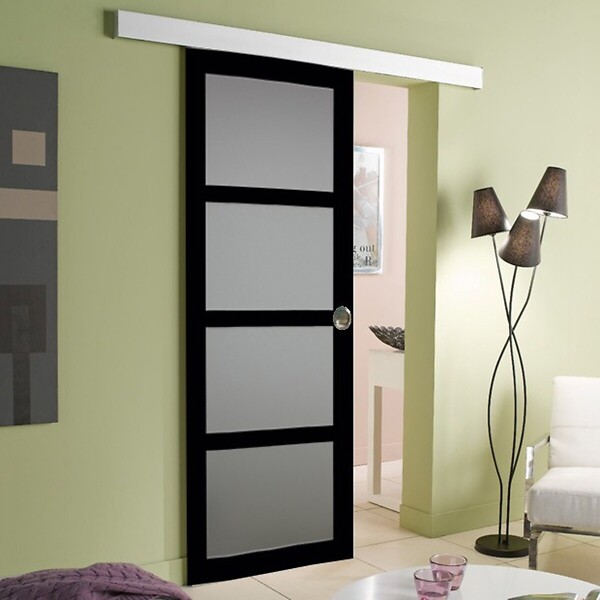 GD MENUISERIES - Porte Coulissante Telia Noir Vitrée H204 x L73 cm, Rail Alu bandeau blanc, Coquilles - large