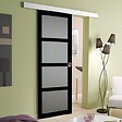 GD MENUISERIES - Porte Coulissante Telia Noir Vitrée H204 x L73 cm, Rail Alu bandeau blanc, Coquilles - vignette