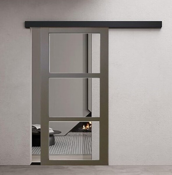 GD MENUISERIES - Porte Coulissante Gris Taupe RAL 7006 Vitrage transparent H204 x L73 cm, Rail Alu Bandeau noir, Coquilles - large
