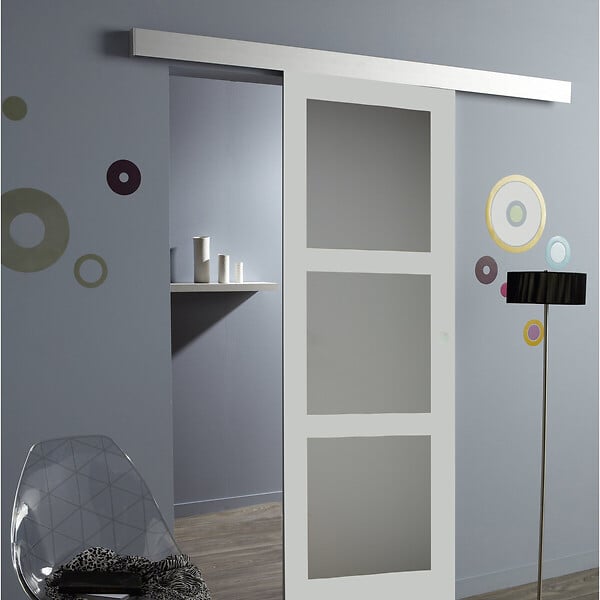 GD MENUISERIES - Porte Coulissante Greyria Gris Clair Vitrée H204 x L93 cm, Rail Alu, Coquilles - large