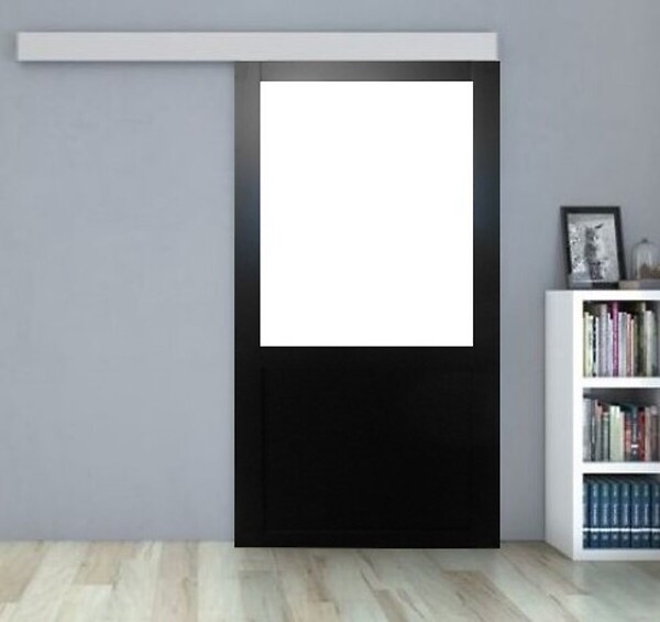 GD MENUISERIES - Porte Coulissante Atelier Noir sans meneau H204 x L93 cm, Rail Alu Bandeau blanc, Coquilles - large