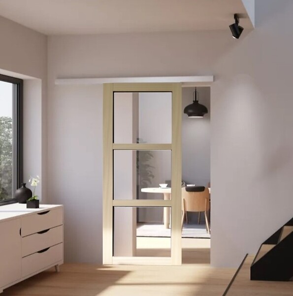 GD MENUISERIES - Porte Coulissante bois Ayous Vitrage transparent H204 x L73 cm, Rail alu bandeau blanc, Coquilles - large