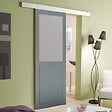 GD MENUISERIES - Porte Coulissante Athena Gris Clair Vitrée H204 x L73 cm, Rail Alu Bandeau blanc, Coquilles - vignette