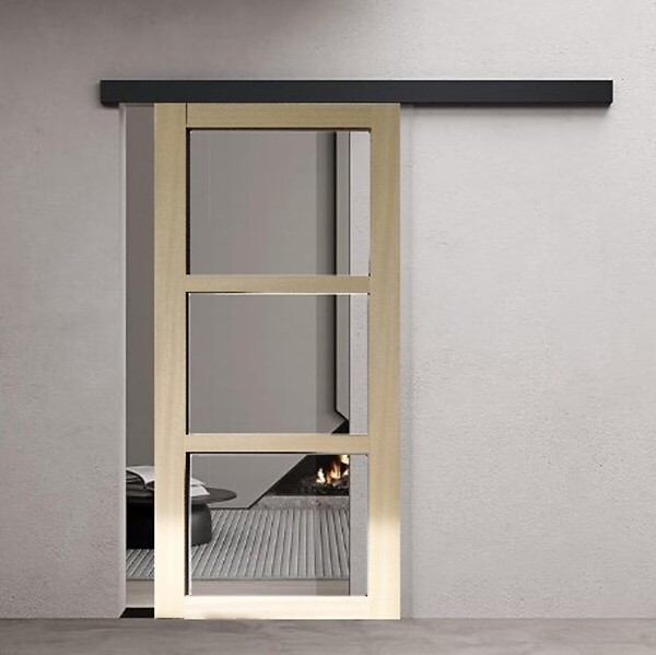GD MENUISERIES - Porte Coulissante bois Ayous Vitrage transparent H204 x L73 cm, Rail alu bandeau noir, Coquilles - large