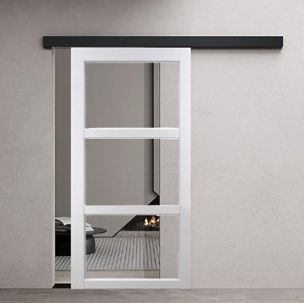 GD MENUISERIES - Porte Coulissante Kenya Blanc Vitrage transparent H204 x L73 cm, Rail Alu bandeau noir, Coquilles - large