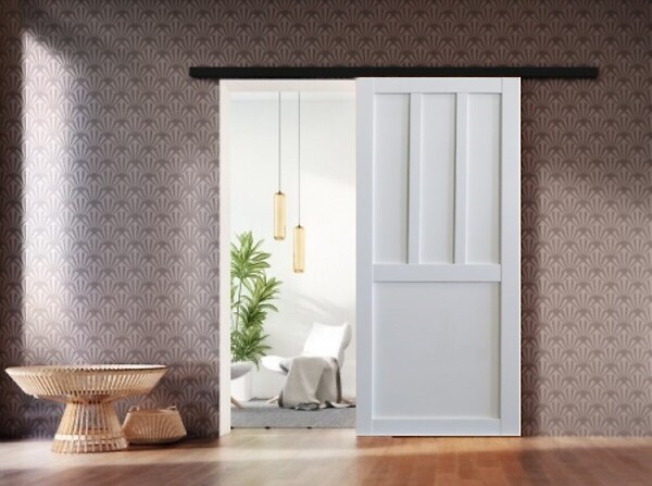 GD MENUISERIES - Porte Coulissante Atelier 2 panneaux blanc H204 x L83 cm, Rail Alu bandeau noir, Coquilles - large
