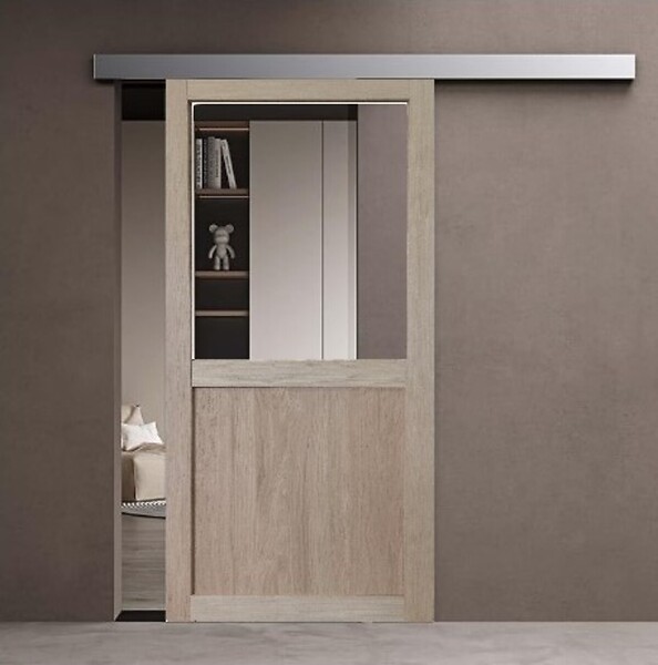 GD MENUISERIES - Porte Coulissante Atelier placage chene Vitrée H204 x L73 cm, Rail Alu, coquilles - large