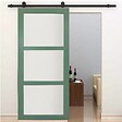 GD MENUISERIES - Porte Coulissante Vert Sauge RAL 6021 Vitrée H204 x L83 cm, railroulette, coquilles - vignette