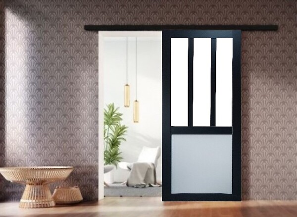 GD MENUISERIES - Porte Coulissante Atelier noir, blanc Vitrée H204 x L73 cm, Rail Alu Bandeau Noir, Coquilles - large