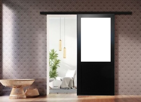 GD MENUISERIES - Porte Coulissante Atelier Noir H204 x L93 cm sans meneau, Rail alu Bandeau Noir, Coquilles - large