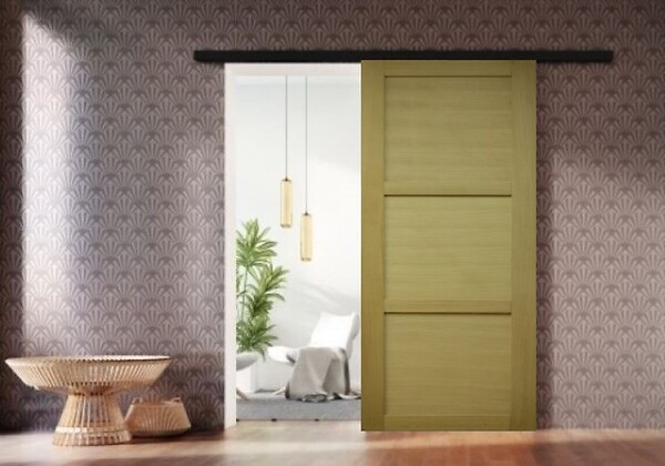 GD MENUISERIES - Porte Coulissante bois Ayous 3 Panneaux H204 x L83 cm, Rail alu Bandeau noir, coquilles - large