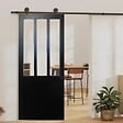 GD MENUISERIES - Porte Coulissante Atelier Noir H204 x L83 cm, Rail roulettes, Coquilles Noir - vignette