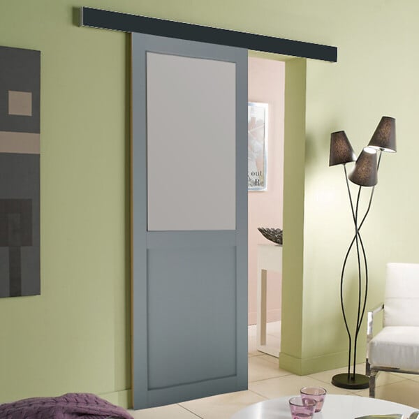 GD MENUISERIES - Porte Coulissante Athena Gris Clair Vitrée H204 x L83 cm, Rail Alu Bandeau Noir, Coquilles - large
