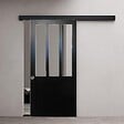 GD MENUISERIES - Porte Coulissante Atelier Noir H204 x L93 cm, Rail alu Bandeau Noir, Coquilles - vignette
