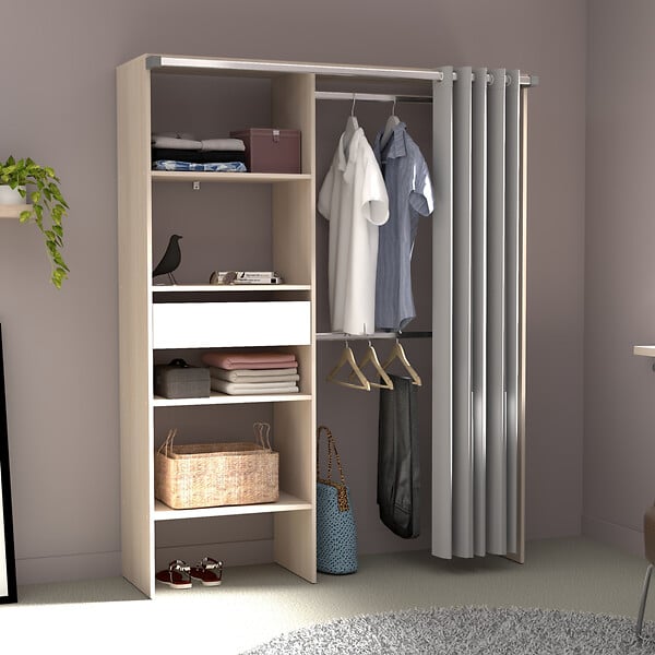 CONCEPT USINE - Dressing avec rideau 4 étagères 2 penderies et un tiroir bois et blanc BALI - large