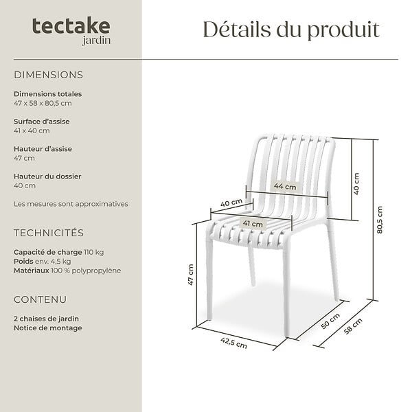 TECTAKE - Chaises de jardin ALCUDIA résistantes aux intempéries et empilables crème - large