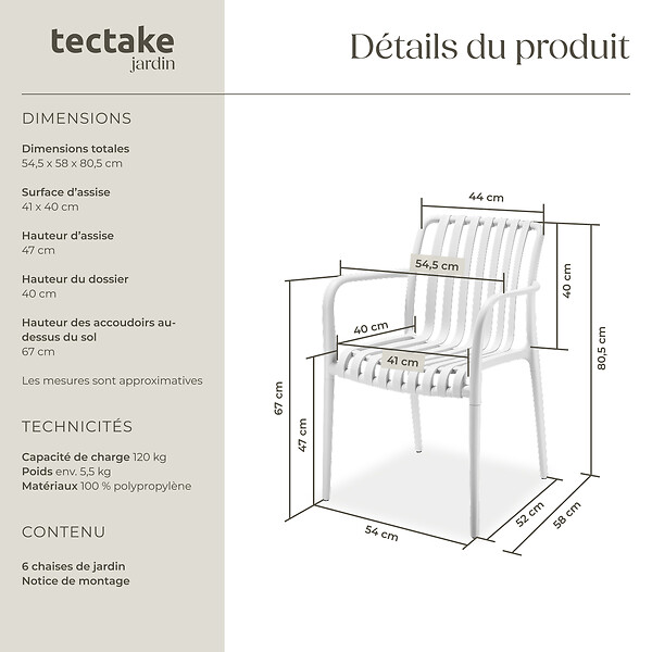 TECTAKE - Chaises de jardin ALCUDIA empilables et résistantes aux intempéries crème - large