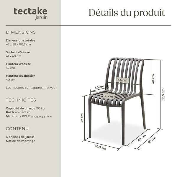 TECTAKE - Chaises de jardin ALCUDIA résistantes aux intempéries et empilables gris anthracite - large