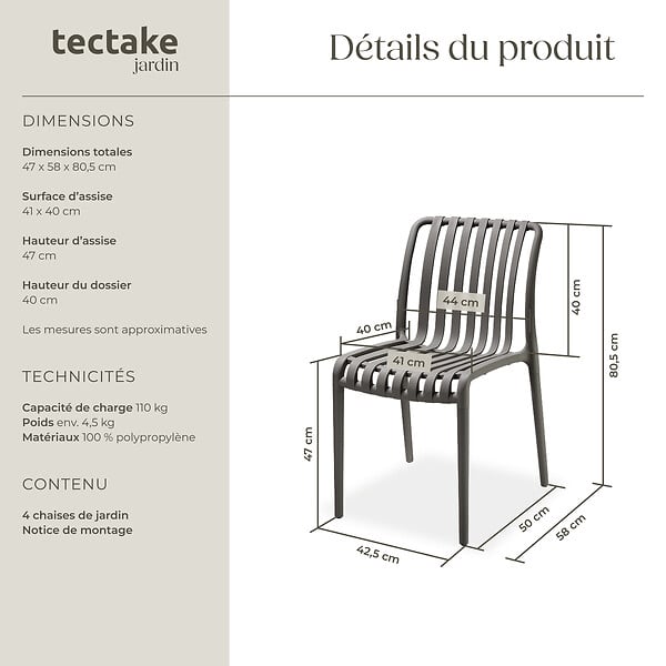 TECTAKE - Chaises de jardin ALCUDIA résistantes aux intempéries et empilables gris anthracite - large
