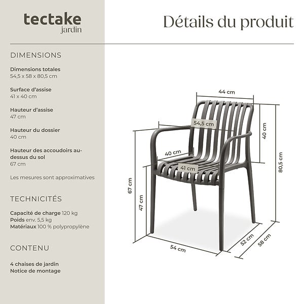 TECTAKE - Chaises de jardin ALCUDIA empilables et résistantes aux intempéries gris anthracite - large