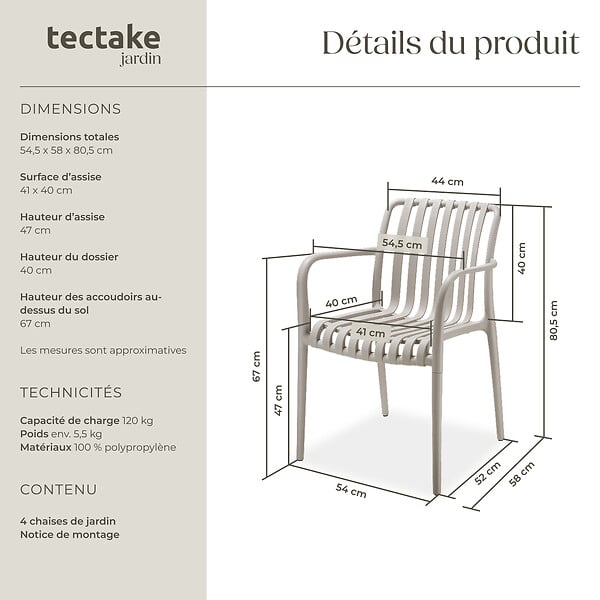 TECTAKE - Chaises de jardin ALCUDIA empilables et résistantes aux intempéries taupe - large