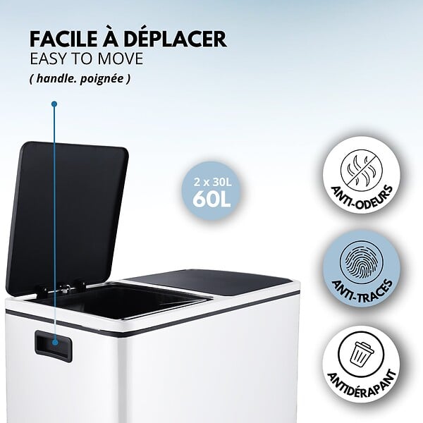 KITCHEN MOVE - Poubelle pédale tri sélectif MAJOR blanc 60L - large