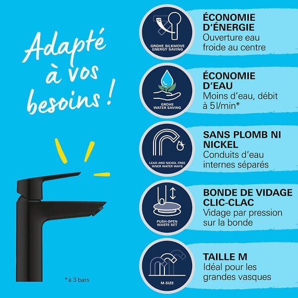 GROHE - Vasque à poser Euro Ceramic 60cm + Mitigeur lavabo M Start avec ouverture froide Noir - large