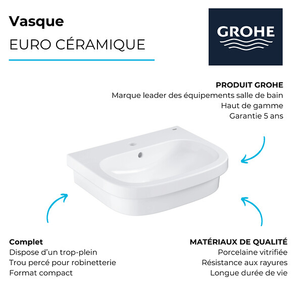 GROHE - Vasque à poser Euro Ceramic 60cm + Mitigeur lavabo M BauLoop Chromé - large